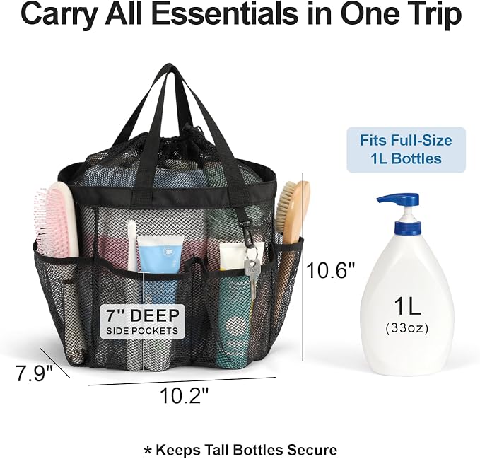 F-color Mesh Shower Caddy Portable with Drawstring, S Hook - 8 Deeper Pockets 2 Handles College Dorm Room Essentials for Girls Guys, Shower Bag Hanging for Camping Gym Travel Toiletry Bathroom, Black