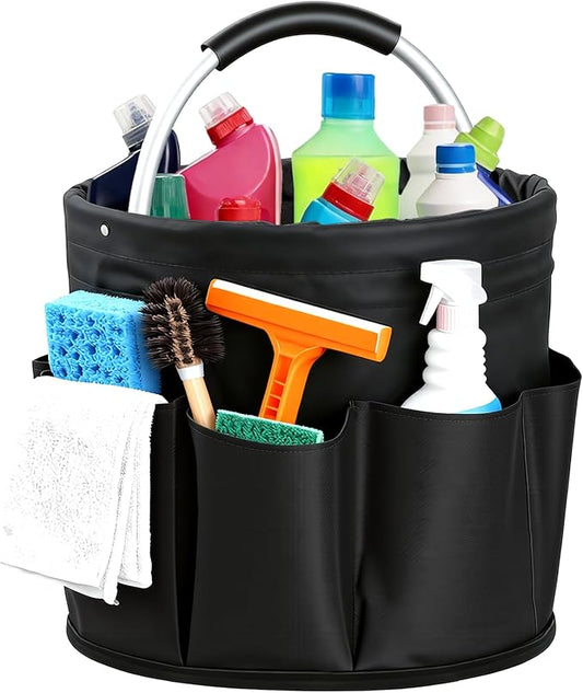 Cleaning Caddy with Handle, Cleaning Products Organiser, Foldable Storage Basket, Large Supply Organiser 17L with 6 Pockets, Portable Cleaning Caddy for Home & Garden (Black)