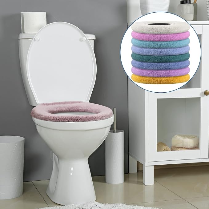 Kingdder 8 Pcs Toilet Seat Cover Washable for Bathroom Elongated Toilet Seat Cushion Pads Soft Stretchable Toilet Seat Warmer Thicker Easy Installation Commode Seat Cover Decors, 8 Colors(Flat)