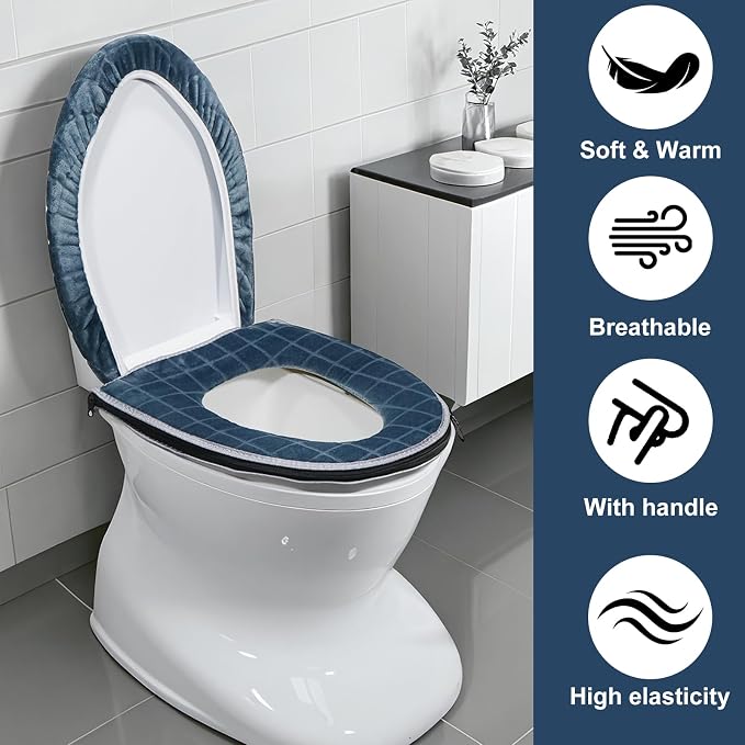 Toilet Seat Cover and Toilet Lid Cover Set, Soft Toilet Seat Cushion with Zipper Adjustable Rubber Backing Toilet Seat Warmer Bathroom Decor and Accessories, Blue Gray