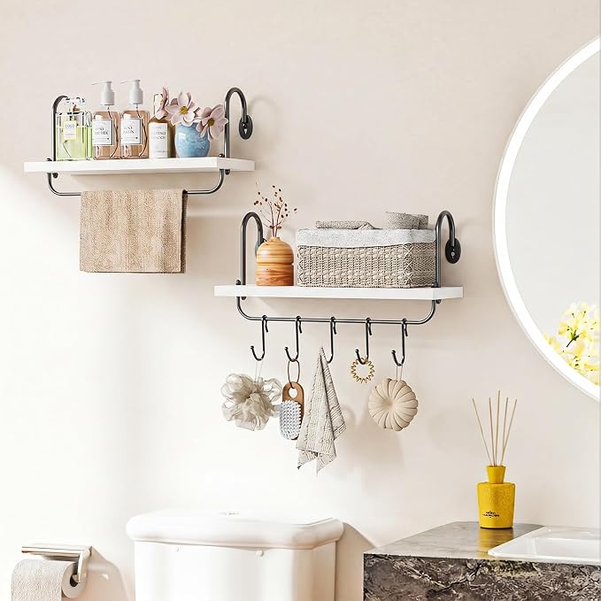 Olakee Floating Wall Shelves for Kitchen Bathroom Coffee Nook with 10 Adjustable Hooks for Mugs Cooking Utensils or Towel Rustic Storage Shelves Set of 2/17x5.9 inch (White)