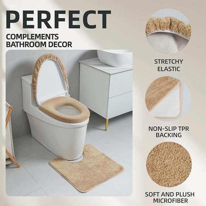 3piece Toilet Seat Cover Set - Toilet Seat Cover +Toilet Lid Cover + toilet rugs u shaped washable, Fits Most Elongated Round and Oblong Toilet(Machine Washable,Quick-Dry) brown