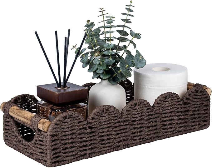 CubesLand Bathroom Basket Organizer w/Cut Out Handle, Back of Toilet Paper Storage Baskets Tray for Bathroom Countertop Decorative, Scalloped Wicker Basket Also for Home Decor, Living Room, Brown