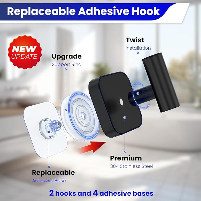 Aikzik Black Replaceable Adhesive Hooks Heavy Duty, Stainless Steel Towel Hooks for Bathrooms & Shower-Tiles, Glass Door, Wall Hooks for Walls No Damage, Towel Holder Sticky Hooks for Hanging- 2 Pack