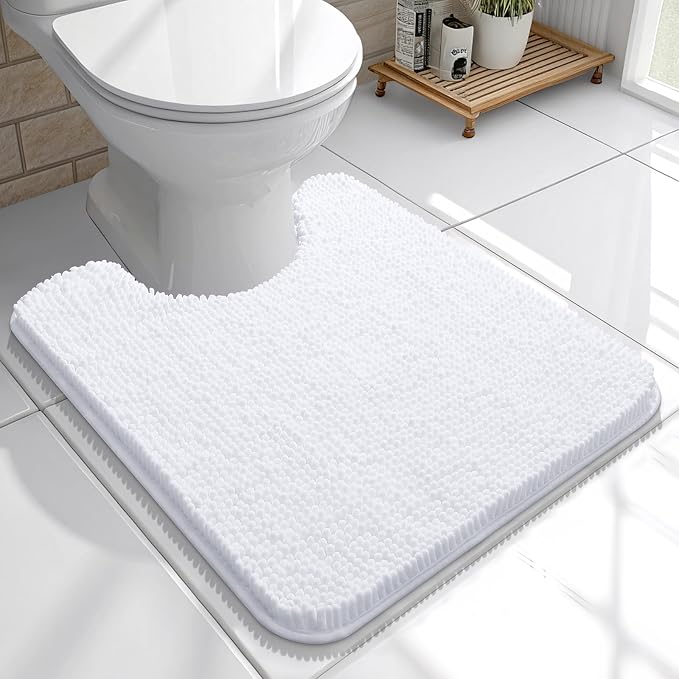 OLANLY Toilet Rugs U-Shaped 20x20, Soft Absorbent Chenille Contour Rugs | White, Quick-Drying Rubber Backing, Machine Washable Non-Slip Shaggy Bathroom Mat for Toilet, Home Decor Accessories