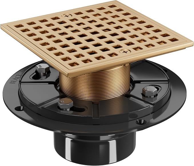 4-1/4" Square Shower Drain Kit - Champagne Bronze 304 Stainless Steel Low Profile Floor Drain with ABS Flange & Hair Catcher (Fits 2"/3" Pipes, Gold Finish)