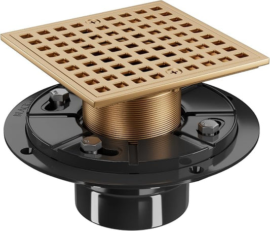 4-1/4" Square Shower Drain Kit - Champagne Bronze 304 Stainless Steel Low Profile Floor Drain with ABS Flange & Hair Catcher (Fits 2"/3" Pipes, Gold Finish)