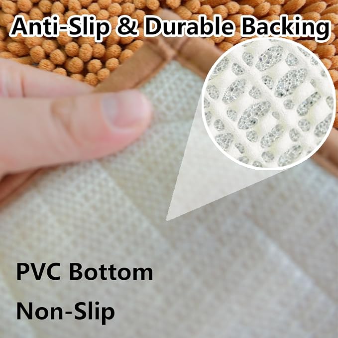 Bathroom Rugs Chenille 3-Piece Extra Soft and Absorbent Shag Bathroom Rugs, Machine Wash Mat, Strong PVC Non-Slip Underside, Plush Carpet Mats (Champagne)