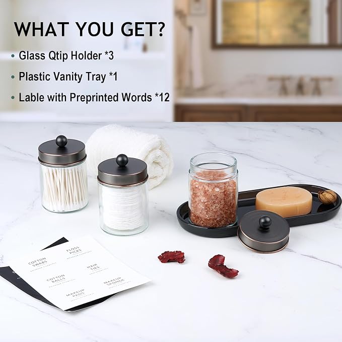 SheeChung 3 Pack Glass Apothecary Jars with Acrylic Vanity Tray | Bathroom Jars with Lids Set with for Qtip, Cotton Ball, Floss Picks - Modern Industrial Style - Bathroom Organizer (ORB)