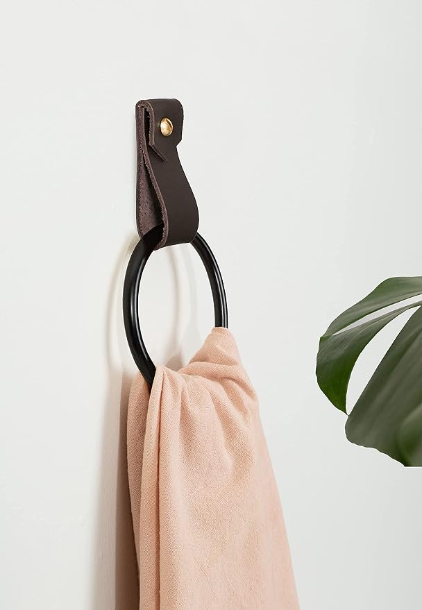 Small Leather Wall Hook, Black Towel Ring wall Hanging Strap Towel Hook for wall Leather Loop Strap Holder Minimal Towel bar Rack Storage Modern Bathroom Hand Towel Holder