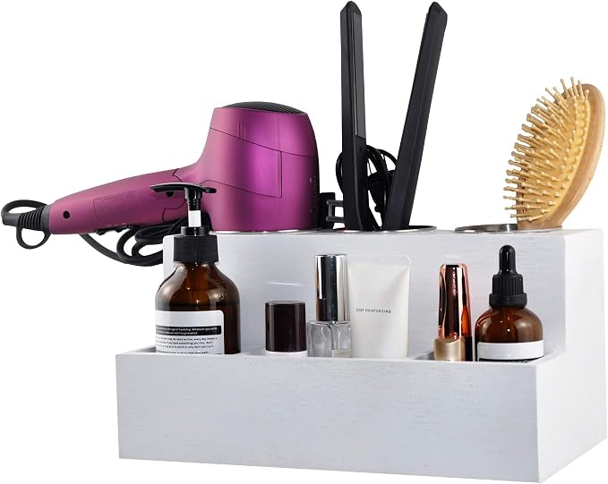 Hair Tools Organizer - Wood White - Blow Dryer, Straightener, Curling Wand, Brushes Holder - Vanity & Bathroom Storage - Wall Mount or Sit on Counter