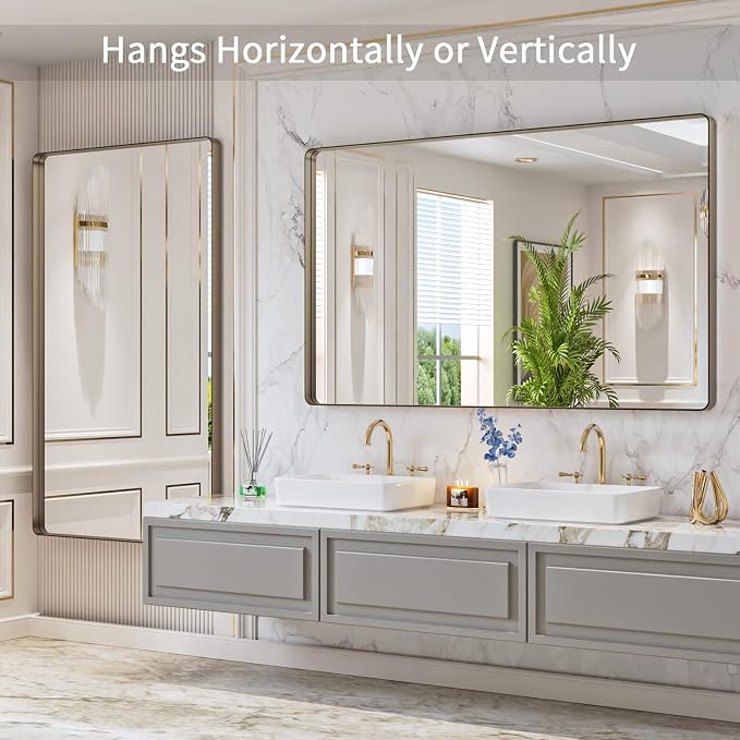 LOAAO 60"X36" Bronze Bathroom Mirror | Rounded Rectangle, Brushed Bronze Metal Frame, Anti-Rust, Tempered Glass, Hangs Horizontally or Vertically