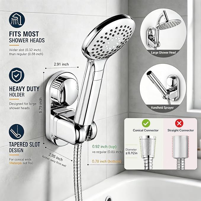 Suction Cup Handheld Shower Head Holder - 90 Degree 5 Angles Adjustable - Wide Input - Fits Heavy Shower Sprayer -Wall Mount Shower Hose Holder