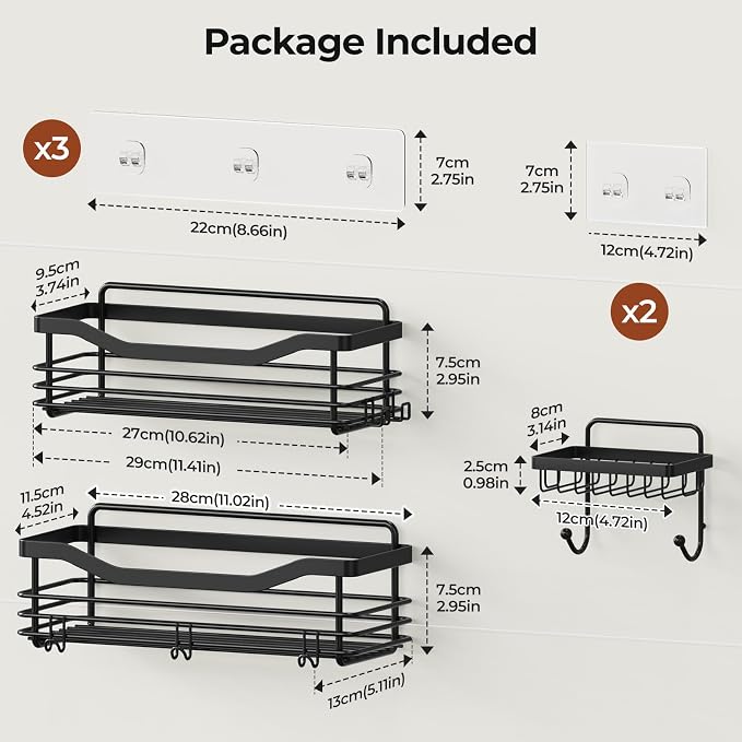 Orimade Shower Caddy Basket Shelf,3-Pack Adhesive Shower Organizer with Soap Dish Holder, No Drilling Wall Mounted Rustproof Stainless Steel Shower Shelves with 7 Hooks,for Bathroom,Matt Black