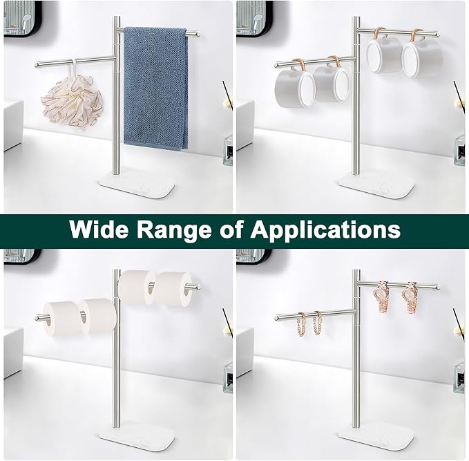 Hand Towel Holder, F-Shape Hand Towel Stand with Marble Base, Stainless Steel Swivel Hand Towel Rack Standing Towel Bar for Bathroom Kitchen Countertop, 2 Arms (Brushed Nickel)
