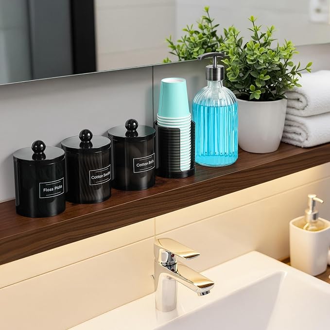 4 Pcs Acrylic Qtip Holder Dispenser for Cotton Swabs, Balls, Floss Picks | Thick, Clear Black, w/ Labels - Small Canister Apothecary Jar Set, Bathroom Decor Essentials, Shelf Vanity Storage Organizer