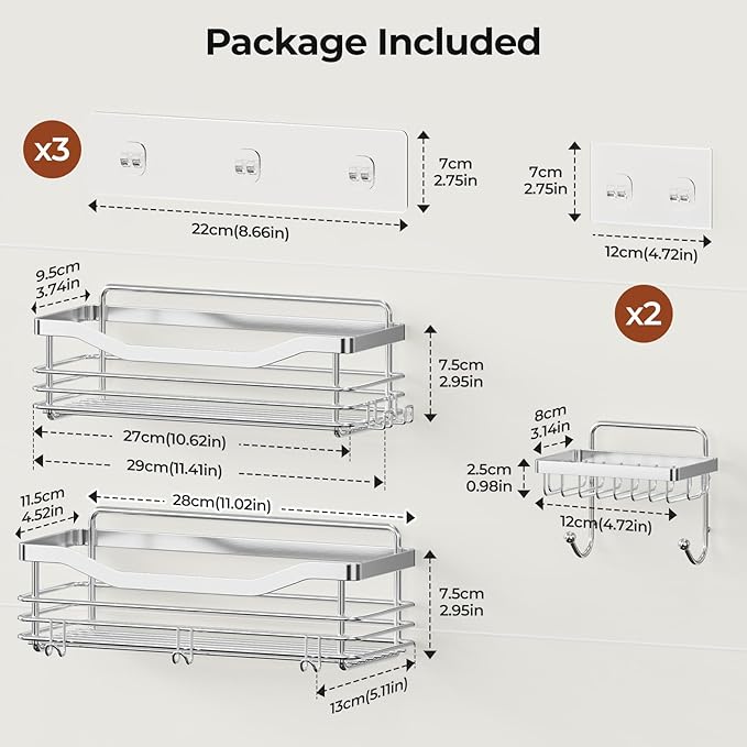 Orimade Shower Caddy Basket Shelf,3-Pack Adhesive Shower Organizer with Soap Dish Holder, No Drilling Wall Mounted Rustproof Stainless Steel Shower Shelves with 7 Hooks,for Bathroom