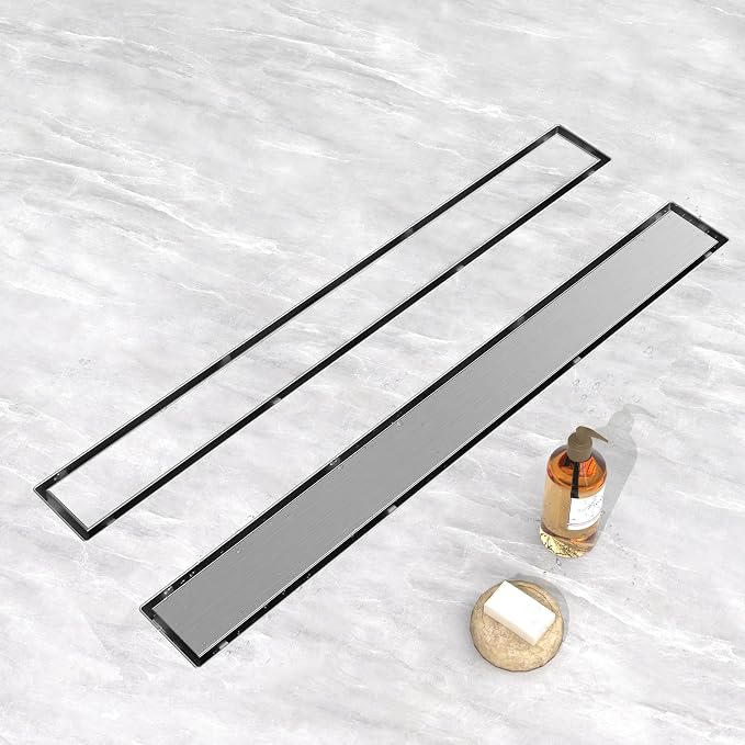 YEFU Shower Drain Nickel for Bathroom: 48 Inch Stainless Steel Linear Shower Drain – 2-in-1 Shower Floor Drain with Tile Insert Grate – Rectangle Linear Drain with Adjustable Feet & Hair Strainer
