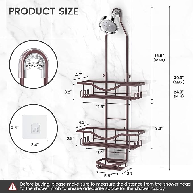 REINHARDT Adjustable Shower Caddy Hanging Over Shower Head, Bronze | Rustproof Shower Organizer, Extra Long, No Drilling, Anti-Slip, Fast Draining, Soap Holder, 12 Hooks, Bathroom Accessories