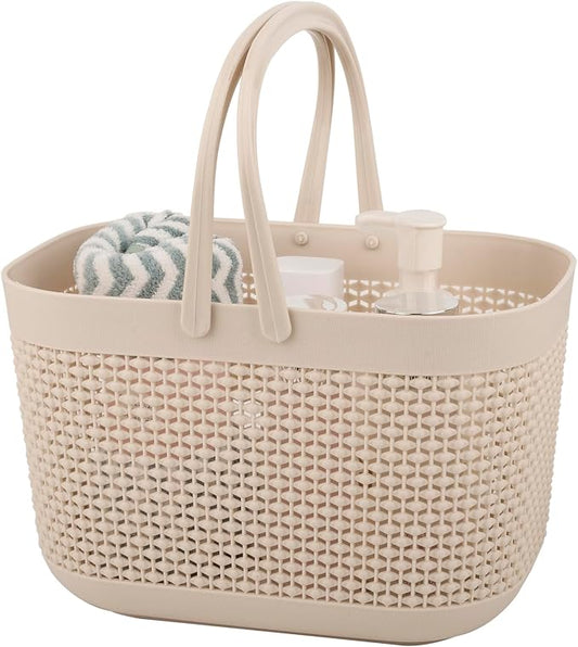 UUJOLY Plastic Organizer Storage Baskets with Handles, Shower Caddy Bins Organizer for Bathroom and kitchen, Beige