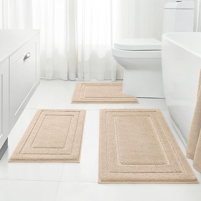 HOMEIDEAS Beige Bathroom Rugs Set of 3, Non Slip Bath Mats | Super Absorbent, Plush Microfiber, Machine Washable, Stain Resistant, Easy Care, Perfect for Modern Bathroom Decor