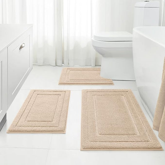 HOMEIDEAS Beige Bathroom Rugs Set of 3, Non Slip Bath Mats | Super Absorbent, Plush Microfiber, Machine Washable, Stain Resistant, Easy Care, Perfect for Modern Bathroom Decor