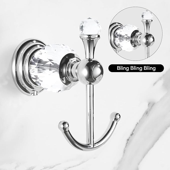 WINCASE Crystal Towel Hook Chrome, Bath Robe Hook, Silver Bathroom Wall Hooks Double for Coats Wall Mounted Modern Style