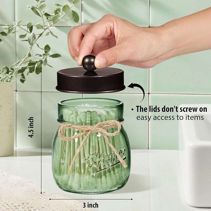 SheeChung 2 Pack Green Glass Mason Jar Qtip Holder Dispenser, Bronze Lids | Apothecary Jar Canisters Set,Stainless Steel Lids,Small Bathroom Jars,Vanity Storage Organizer for Cotton Swab,Ball,Pad,Floss