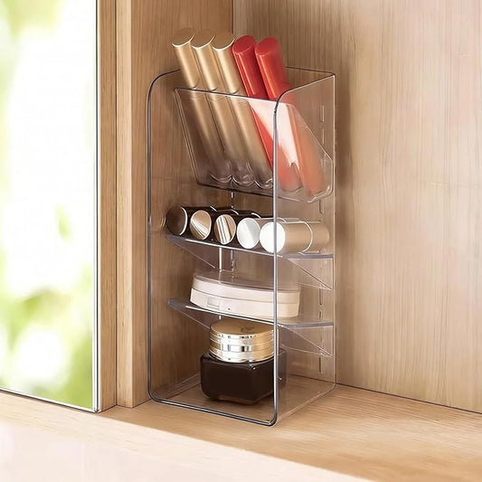 PAVSTINE Medicine Cabinet Organizer with Adjustable Dividers, Clear Vertical Layered Backward Slanting Shelves for Makeup Brush/Lip Gloss/Mascara Storage (3-Tier Slant-Gentle Slant)