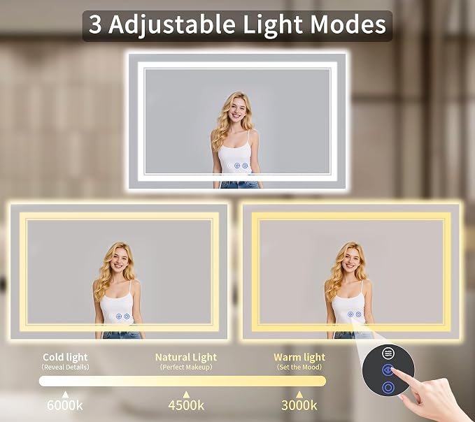 30"x60" LED Bathroom Mirror with Lights, Anti-Fog, Backlit + Front Lit, Dimmable, Led Vanity Mirror for Wall, Lighted Bathroom Mirror, 3 Colors, Shatter-Proof Tempered Glass