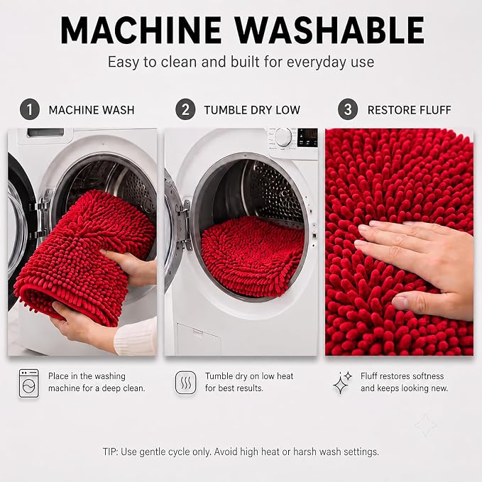 Bathroom Rugs Sets 2 Piece,Super Absorbent Soft,Thick,Machine Washable Chenille Bath Mat,Non Slip Toilet Floor Rug,Bath Mats for Bathroom,20x32 Plus 20x20 U Shape,Red