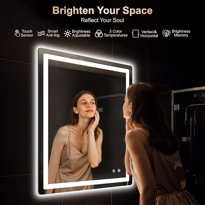Delma 36x30 LED Bathroom Vanity Mirror with Lights, Anti-Fog, Dimmable | Front & Backlit with 3 Color Modes and Memory, 5mm Shatterproof Glass, Plug-in or Hardwired, Horizontal or Vertical