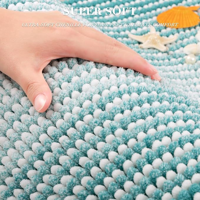 Large Bathroom Rugs Runner, 22x60 Striped Bath Mats, Aqua Green | Non Slip Chenille Backing, Extra Soft Absorbent, Quick Dry Machine Washable, Shower Rug for Bathroom Bedroom Decor