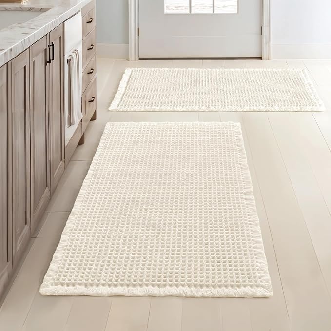MIULEE Set of 2 Waffle Bathroom Rugs Boho Bath Mat Cream White 18x30 Inch | Non Slip, Super Absorbent, Washable, Ultra Soft, Rubber Backed Bath Rugs for Bathroom Floor Tub Shower