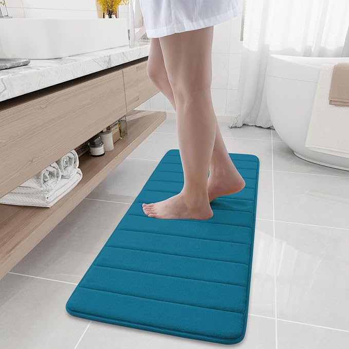 Buganda Memory Foam Bath Mat 47 x 17, Ultra Soft Absorbent Bathroom Rugs | Peacock Blue, Machine Washable Quick Dry Bath Mats for Bathroom Floor, Shower and Tub, Home Decor Accessories