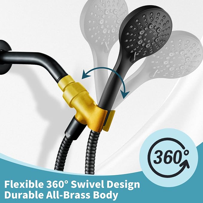 BRIGHT SHOWERS All Metal Handheld Shower Head Holder, Adjustable Shower Arm Mount with 360 Degree Rotatable Brass Ball Joint and Hose Connector, Universal Wall Hook Bracket, Matte Black