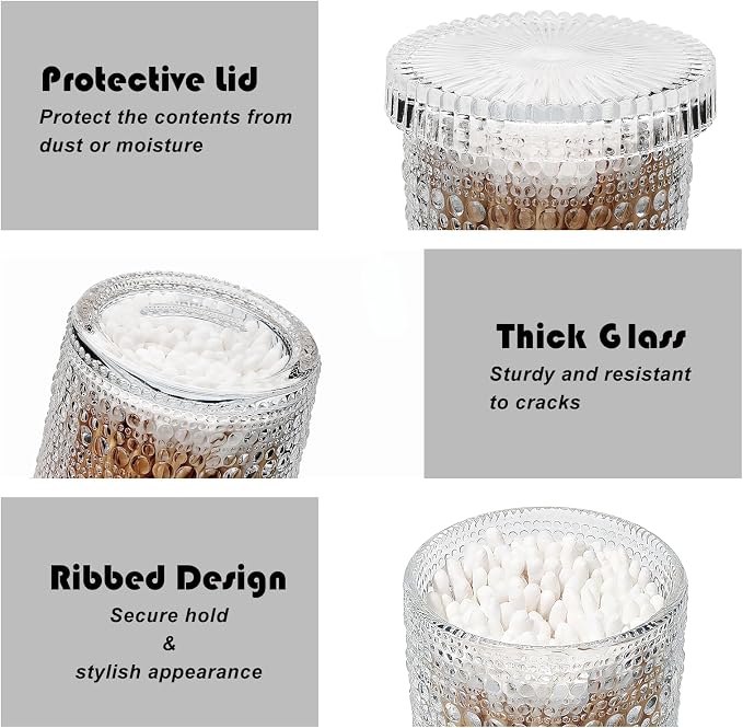 Flrolove Bathroom Organizers and Storage, 4 pcs Glass Qtip Holder | Clear Bathroom Accessories, Vanity Organizer for Cotton Rounds, Balls & Floss Picks, Qtips, Bathroom Canisters with Lids