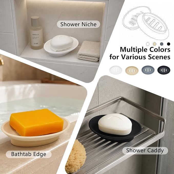 2 Pack Silicone Bar Soap Holder for Shower, Self-Draining Black Soap Dish Tray for Bathroom Sink, Kitchen Counter, Shower Niche/Shelf, Bathtub, Easy Cleaning Simple Oval Soap Saver Stand