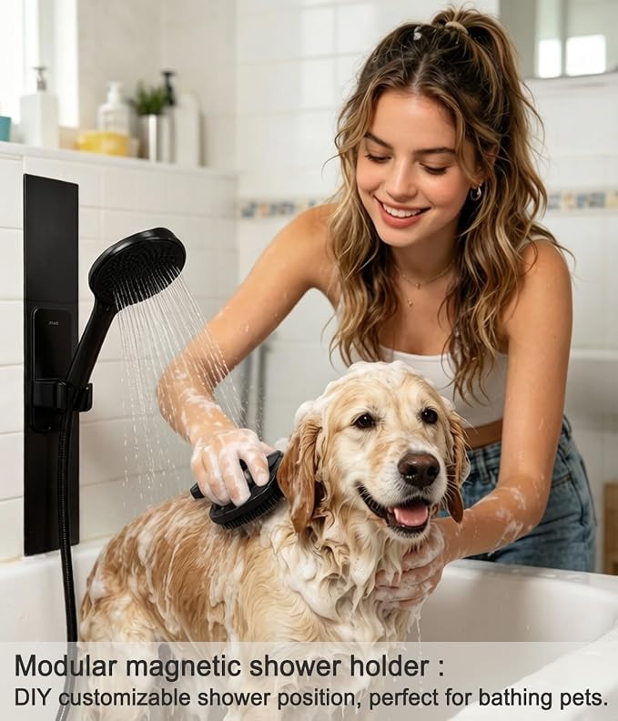 Modular Magnetic Handheld Shower Head Holder, 5-Section Customizable Sliding Rail with Tool-Free Adhesive Installation, Adjustable Height and Angle for Shower Chairs, Kids, Pets, Elderly, RV, Bathtub