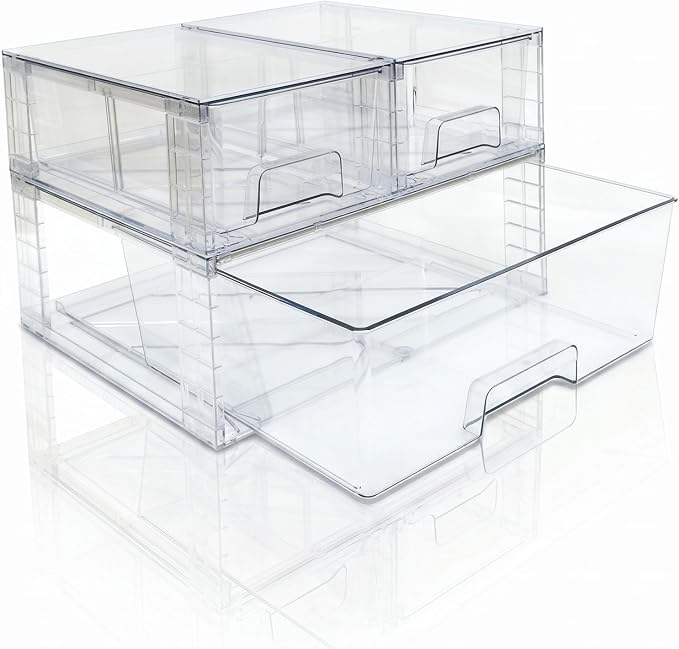 Stackable Storage Drawers(3 Pack),High-strength Clear Plastic Multi-purpose Organizer Bins with Handles, Easily Assemble Acrylic Drawers for Bathroom Closet Cabinet Pantry Under Sink