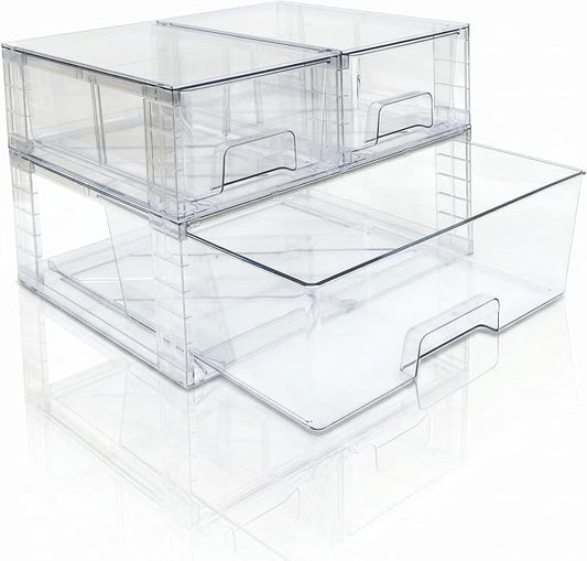 Stackable Storage Drawers(3 Pack),High-strength Clear Plastic Multi-purpose Organizer Bins with Handles, Easily Assemble Acrylic Drawers for Bathroom Closet Cabinet Pantry Under Sink