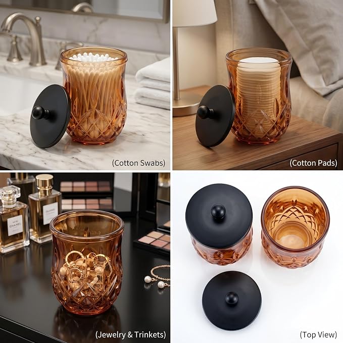 2 Pack Glass Qtip Holder Dispenser Set,Round Bathroom Apothecary Jars with Matte Black Lid for Cotton Swabs, Balls, Pads, Floss Picks, Vanity Storage Container for Makeup, Candy, Jewelry(10 Oz, Amber)