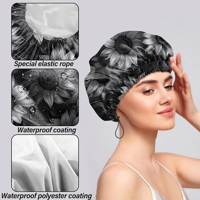2 PCS Shower Cap Reusable Waterproof Double Layers Hair Caps Shower Bath Adjustable Elastic Hat for Women Girls Cute Aesthetic-Bat Sunflower