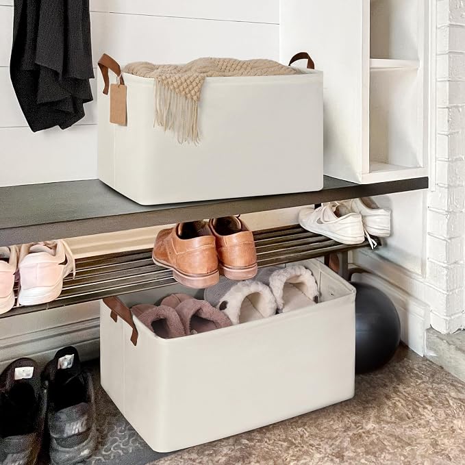 CHICVITA Storage Baskets for Shelves, 19" x 13" x 11" Closet Storage Bins with Handles, Foldable Fabric Bins with Metal Frame, Extra Large Storage Basket for Toys, Blankets, Beige, 2-Pack