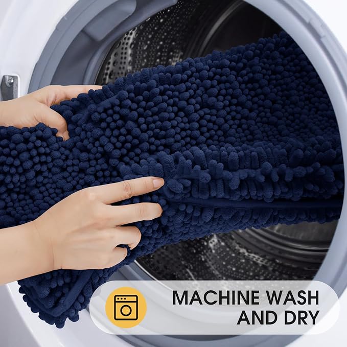 ACCUMTEK Upgrade Luxury Navy Blue Toilet Bathroom Rug Mat 24" x 20" Contour Rug, Ultra Soft Thick Absorbent Bath Mats, Non Slip Chenille Toilet Mat for Bathroom, Bedroom, Kitchen, Shower, Tub