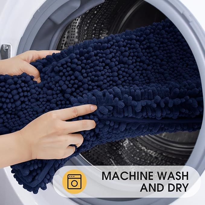 ACCUMTEK Upgrade Luxury Navy Blue Bathroom Rug Mat 48"x17", Ultra Soft Thick Absorbent Bath Mats, Non Slip Chenille Toilet Mat for Bathroom, Bedroom, Kitchen, Shower, Tub