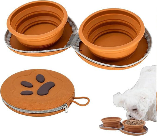 2 in 1 Silicone Travel Dog Bowls with Carabiner(Brown) | Leakproof Double Silicone Collapsible Dog Bowls,Portable,Dual Bowl Design,Suitable For Travel And Other Outdoor Activities