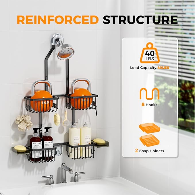 Adjustable Aluminum Shower Caddy Hanging for Handheld Showerhead, Black | Rustproof Aluminum, Shower Organizer, Anti-Slip, Quick-Drain Shelf, 40lbs Capacity, Suction Cups, 8 Hooks, Razor Soap Holders