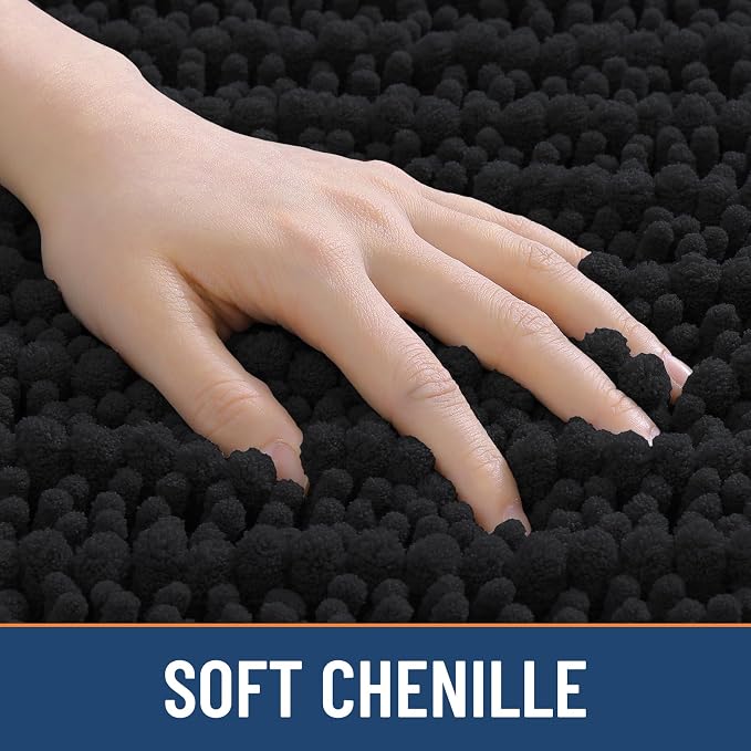 Smiry Bathroom Rugs 30X20, Extra Soft Rubber Backing Chenille Bath Mats | Black Machine Washable Non Slip Quick Dry Bath Mats for Bathroom Floor, Tub, Shower, Home Decor Accessories
