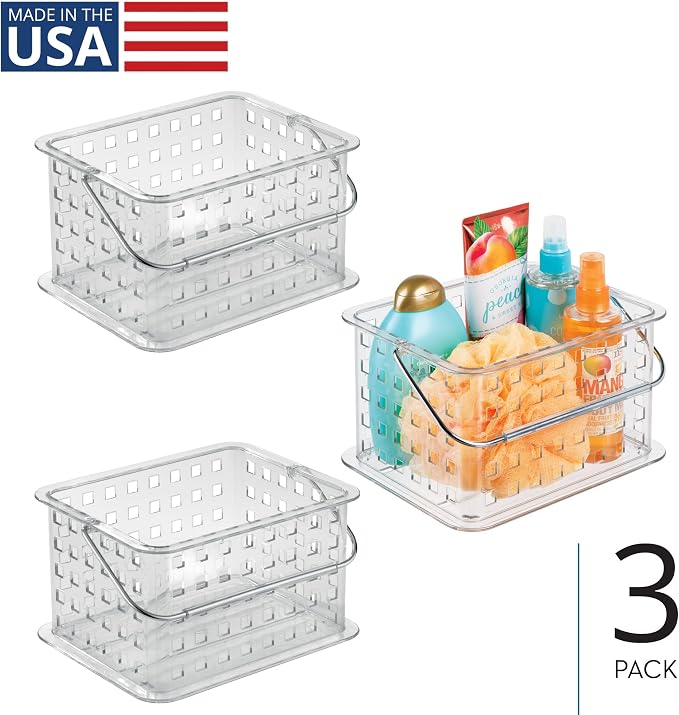 iDesign Small Clear Shower Caddy with Handle, 3-Pack | Portable, Shower Organizer, For Dorm or Bathroom